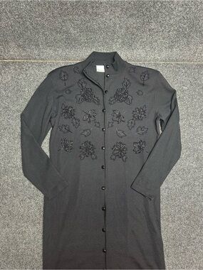 Vintage Black Wool Beaded Sweater Dress Mock Collar Goth Duster Cardigan
